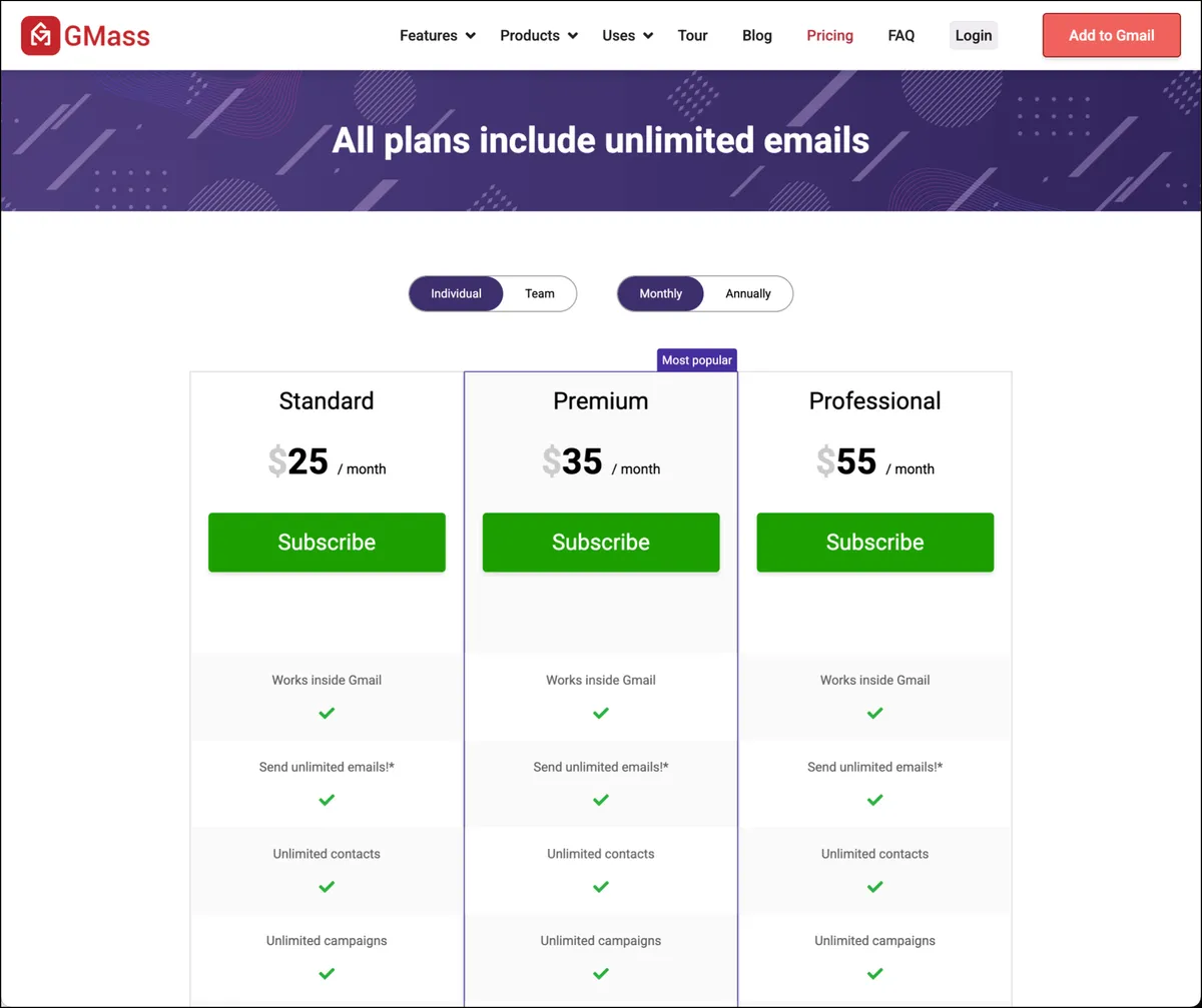 GMass has the lowest bulk email sender pricing in the industry