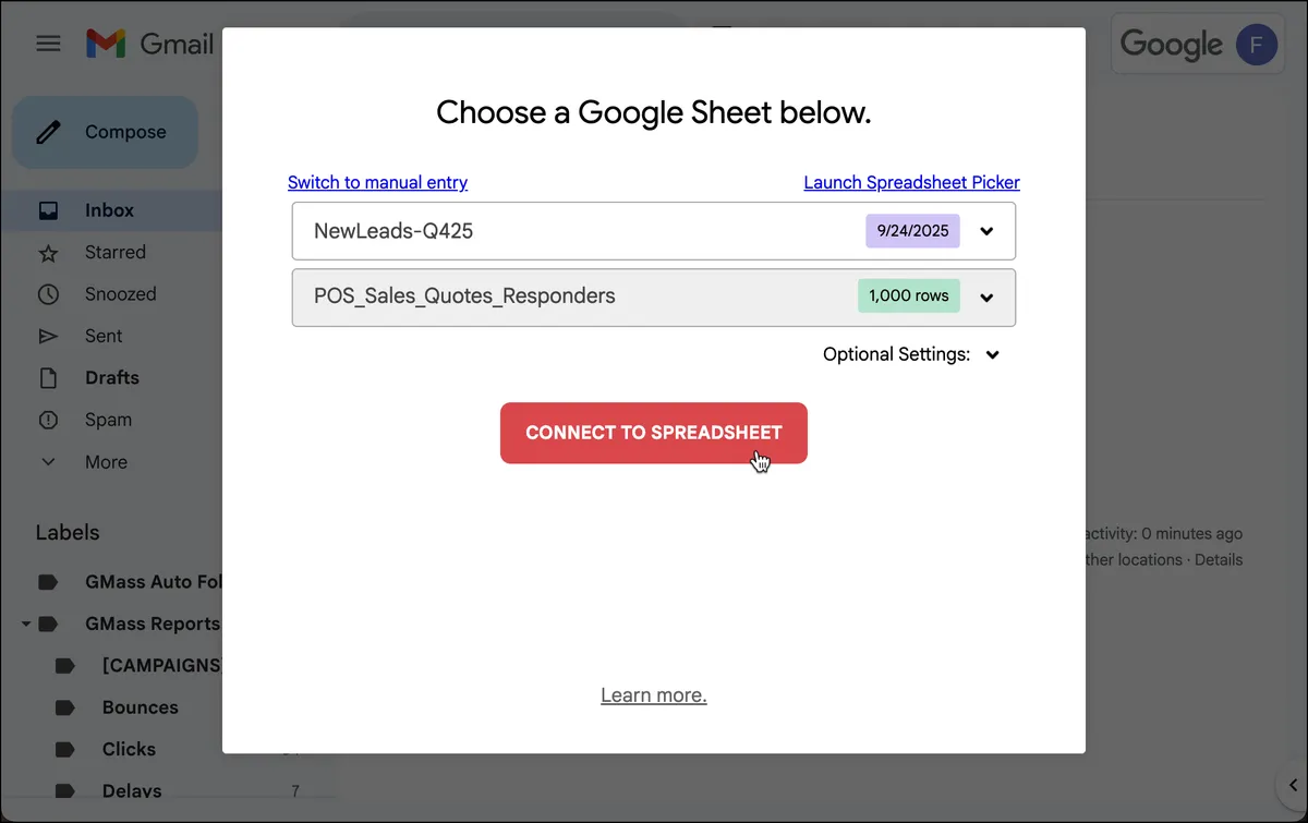 The connection dialogue box