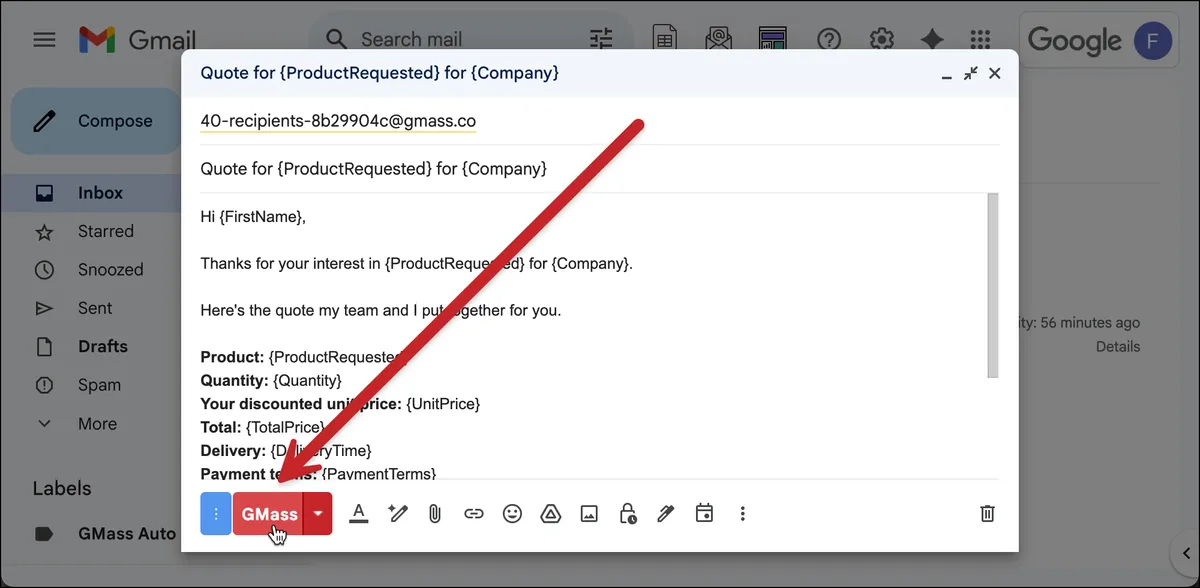 Click the GMass button to generate the drafts