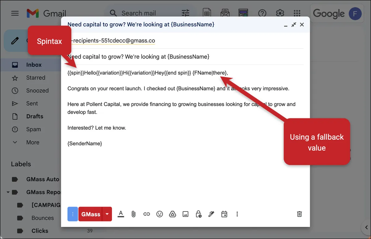 Using spintax, mail merge, and fallback values in GMass