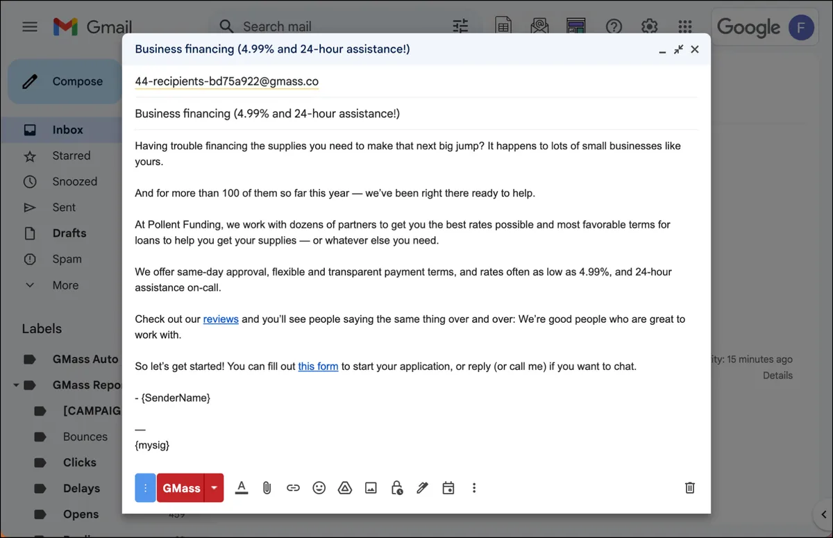 A financing loan outreach template that justifies why you