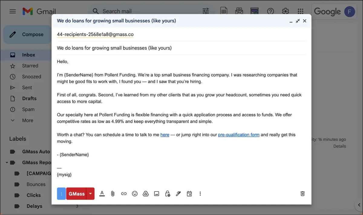 Small business loan cold email template with personalization at scale