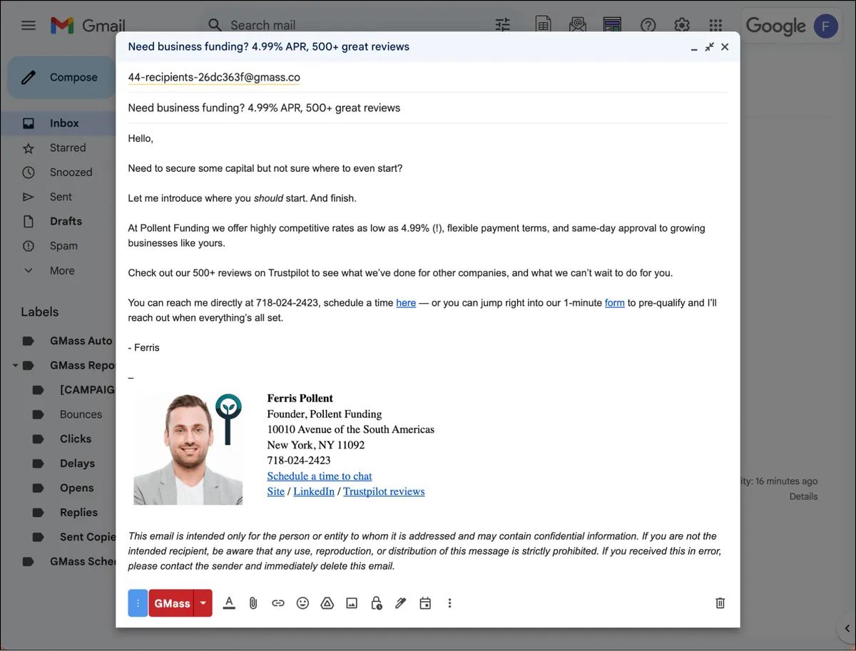 Template of a business loan cold email with trust signals