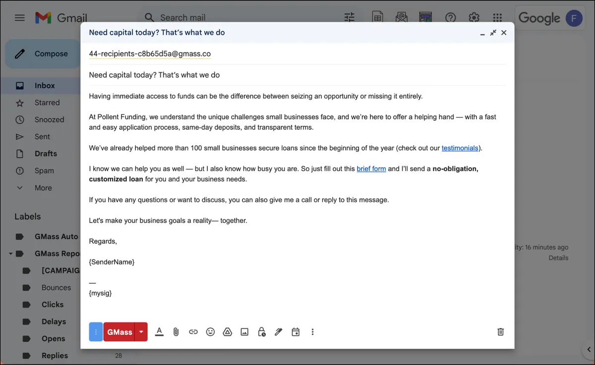 Template of a business loan cold email with link options