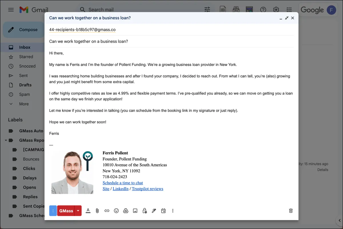 A business financing cold email template that feels one-on-one