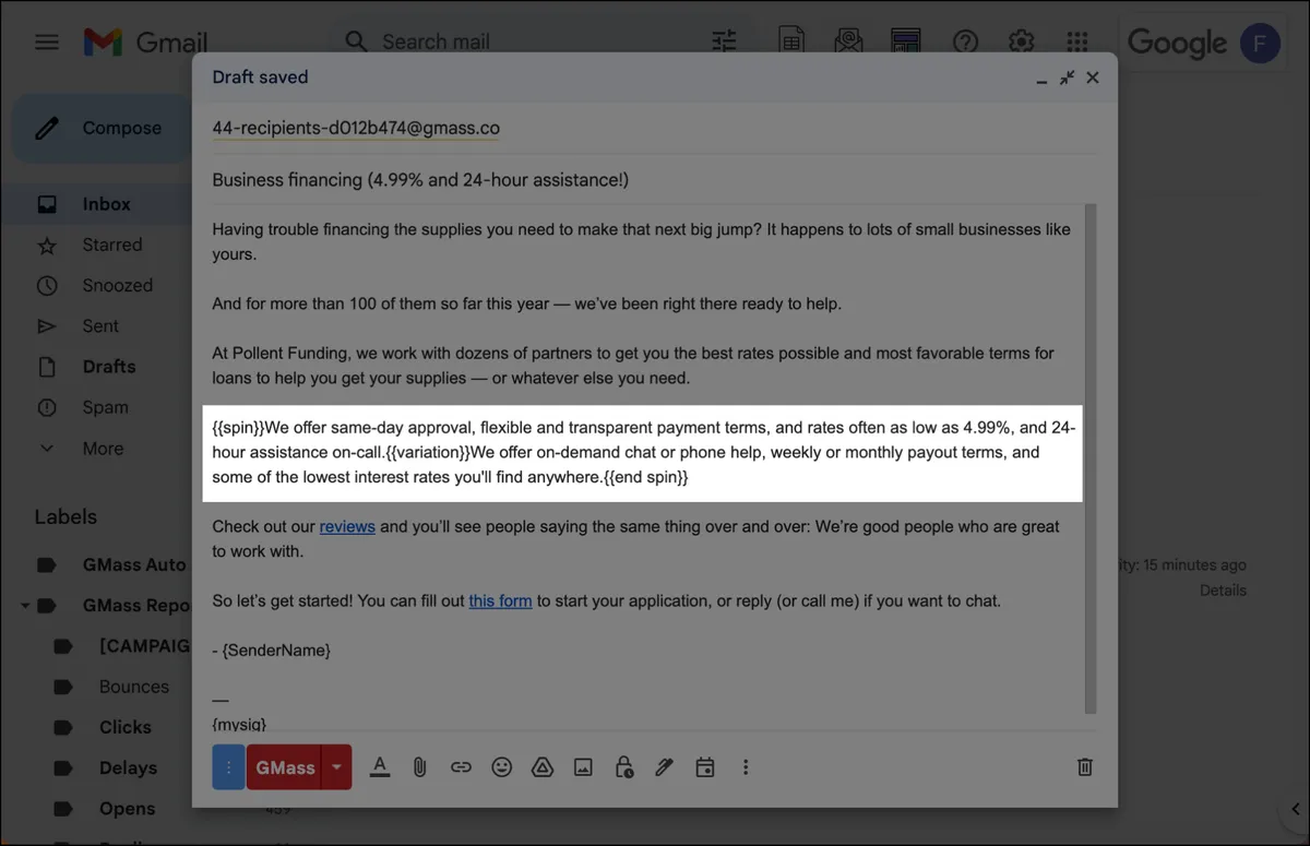 Using spintax for A/B testing in GMass