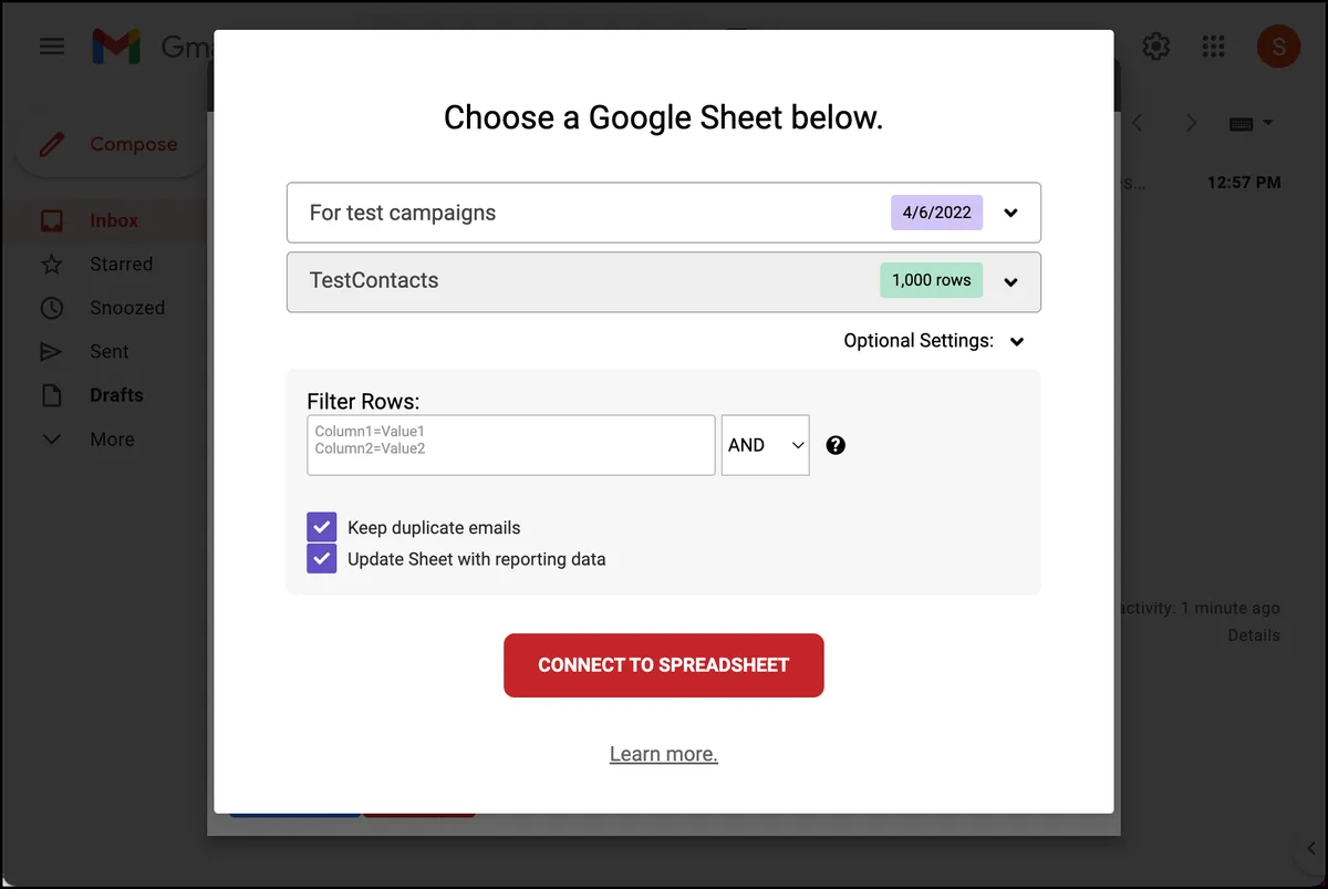 Choosing a Sheet to connect