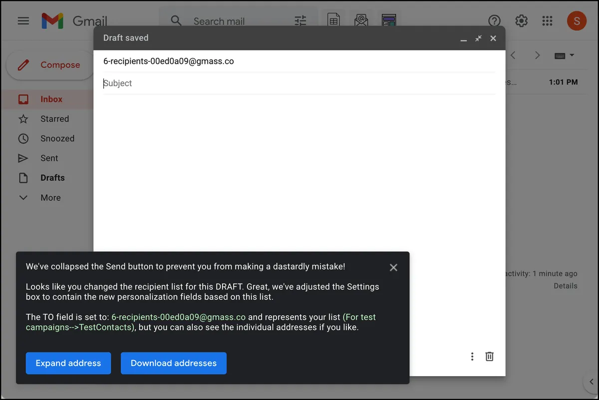 The GMass message on the Gmail compose window