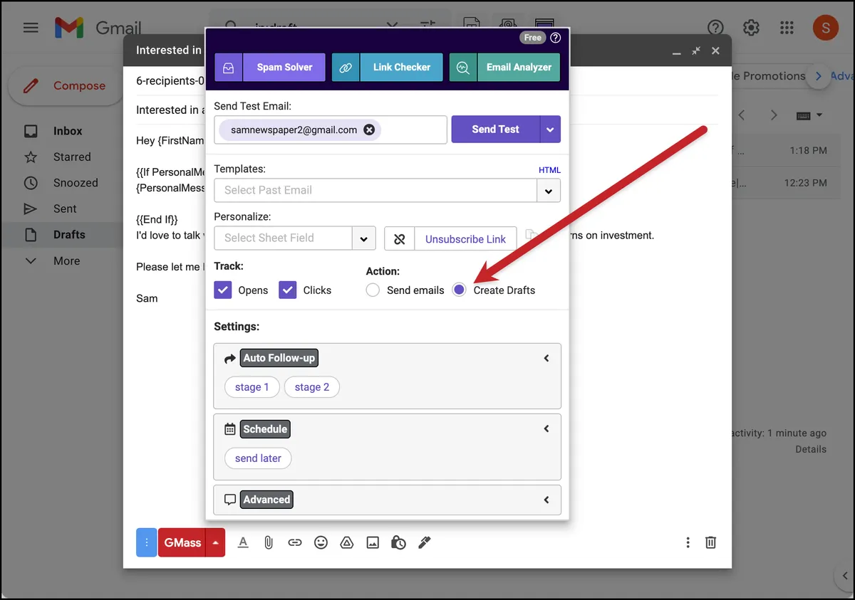 GMass create drafts