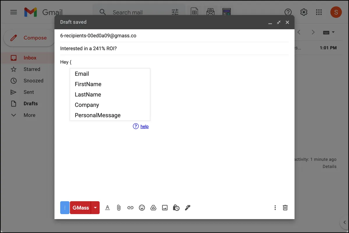 Merge tags pop up with a brace