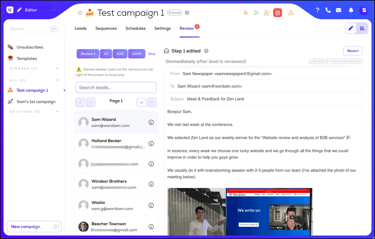Previewing each individual email