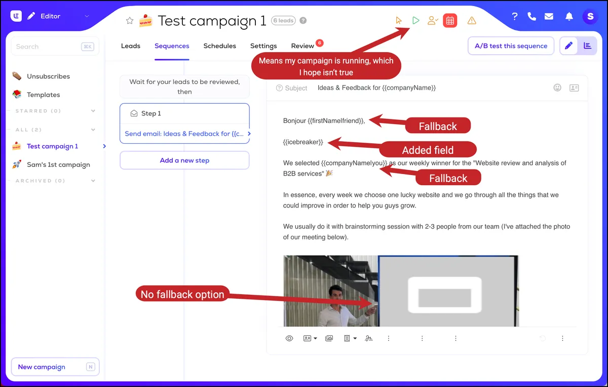 Lemlist's email composition page