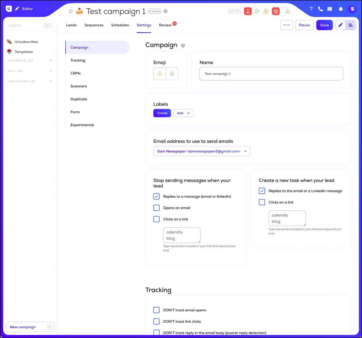Lemlist settings tracking
