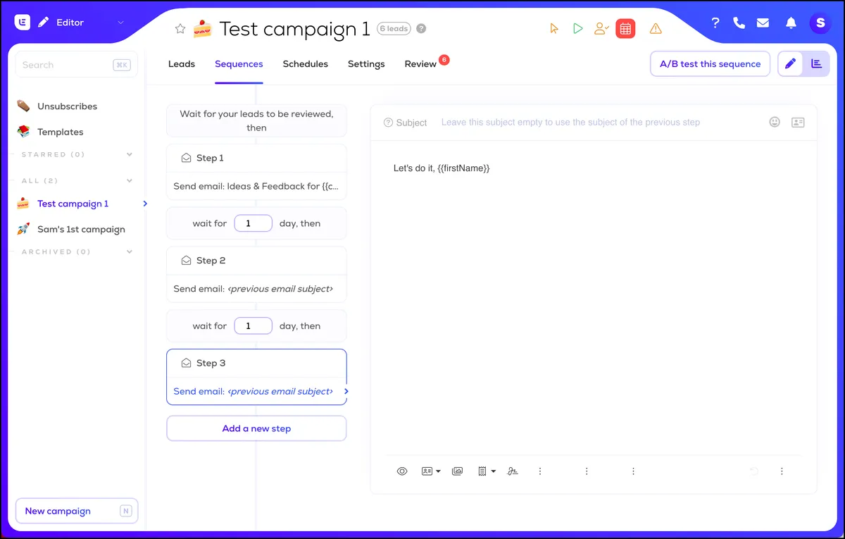 A three-email sequence in Lemlist