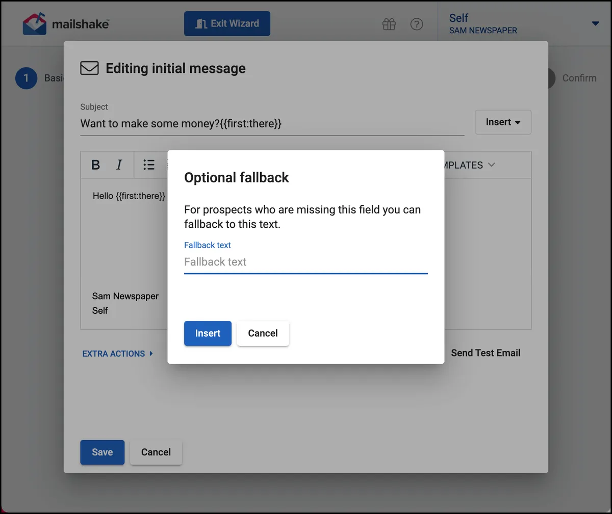 A popup asks for a fallback value.