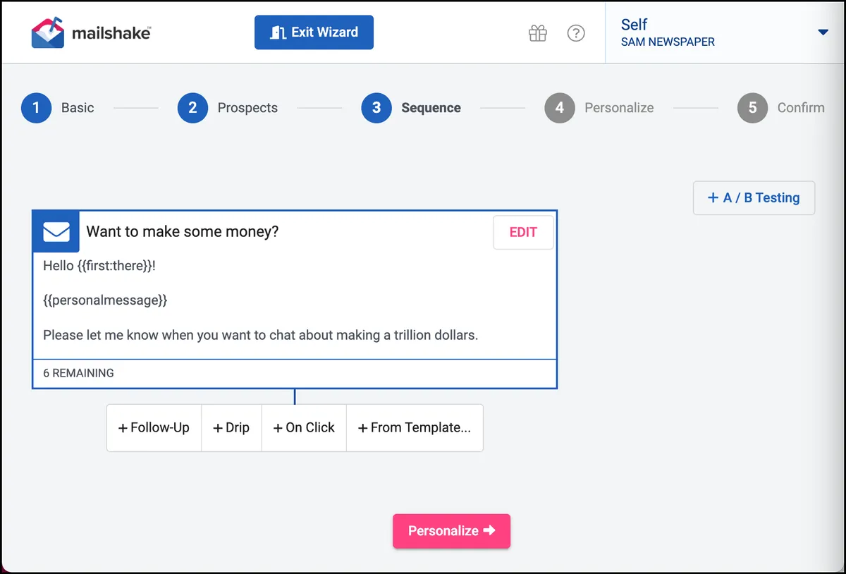 Mailshake's plus button to add to a sequence