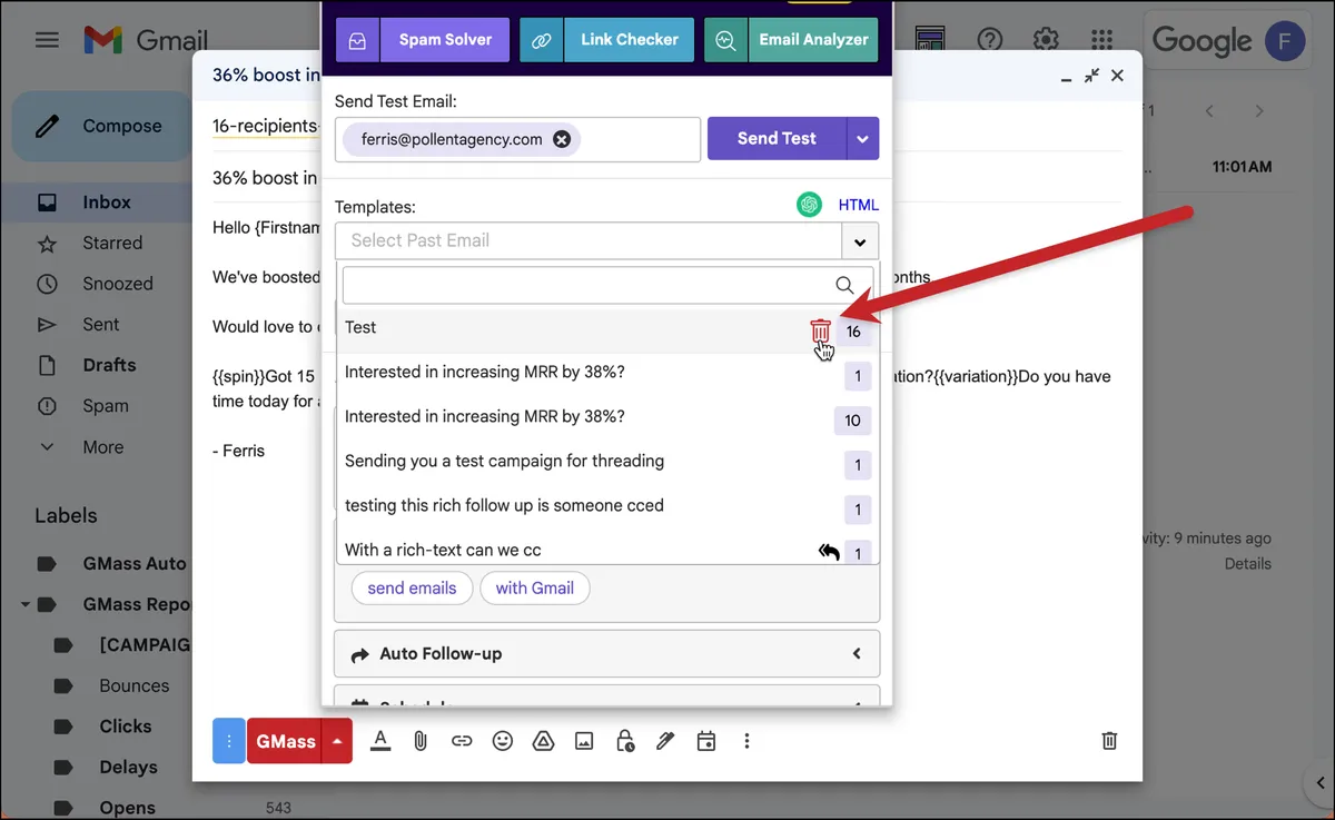 Hover over a template to see the delete icon
