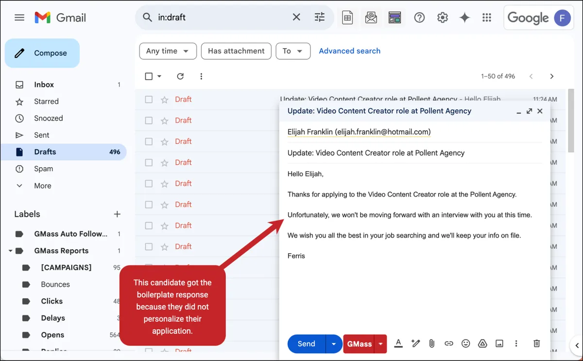 Spot check an email with a boilerplate job candidate rejection email reason