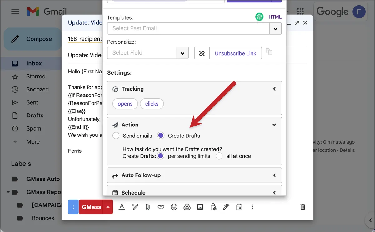 Create drafts of your emails to check the mail merge