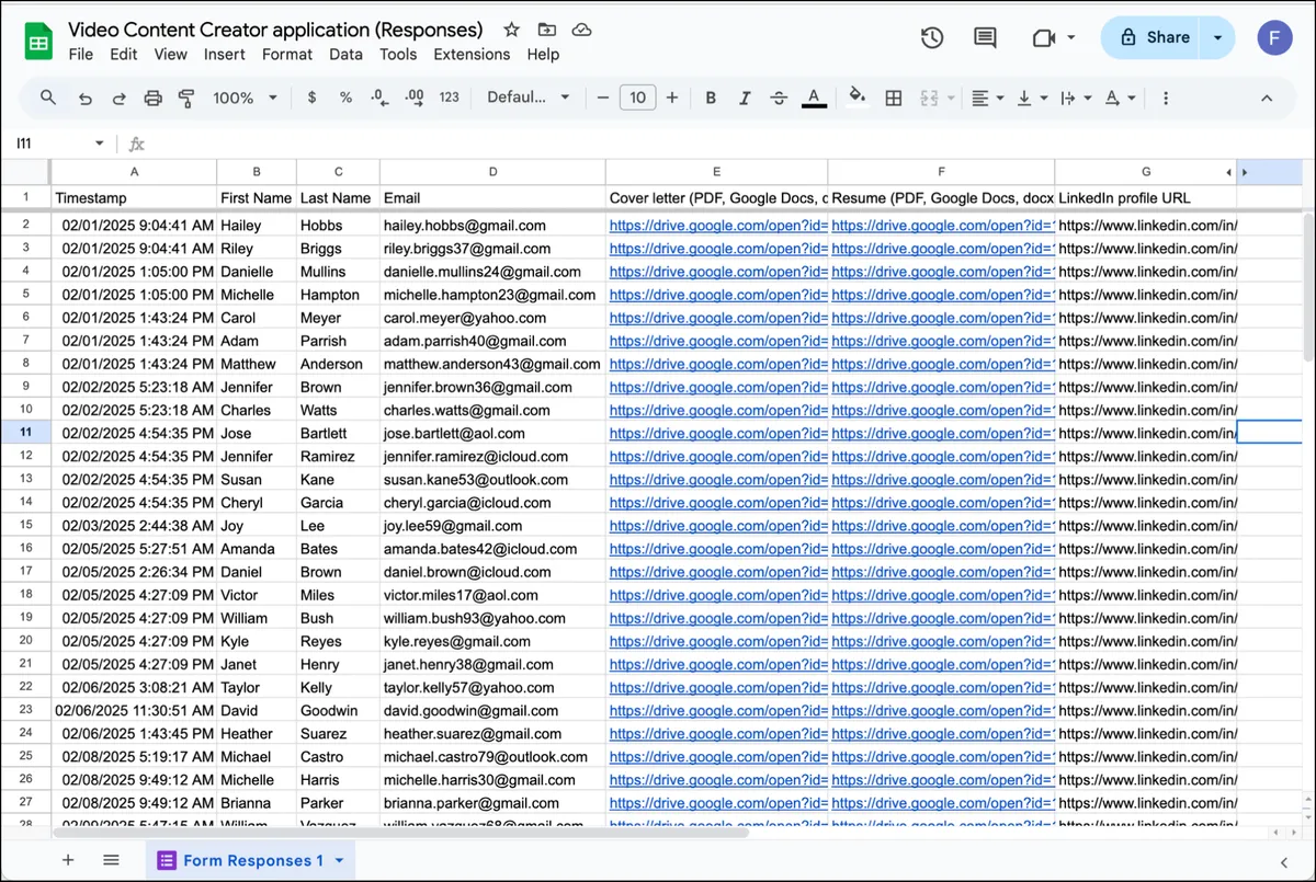 Getting candidates into a Google Sheet
