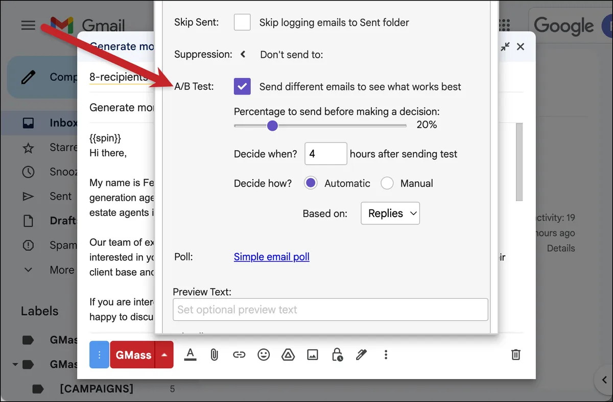 A/B test settings in GMass