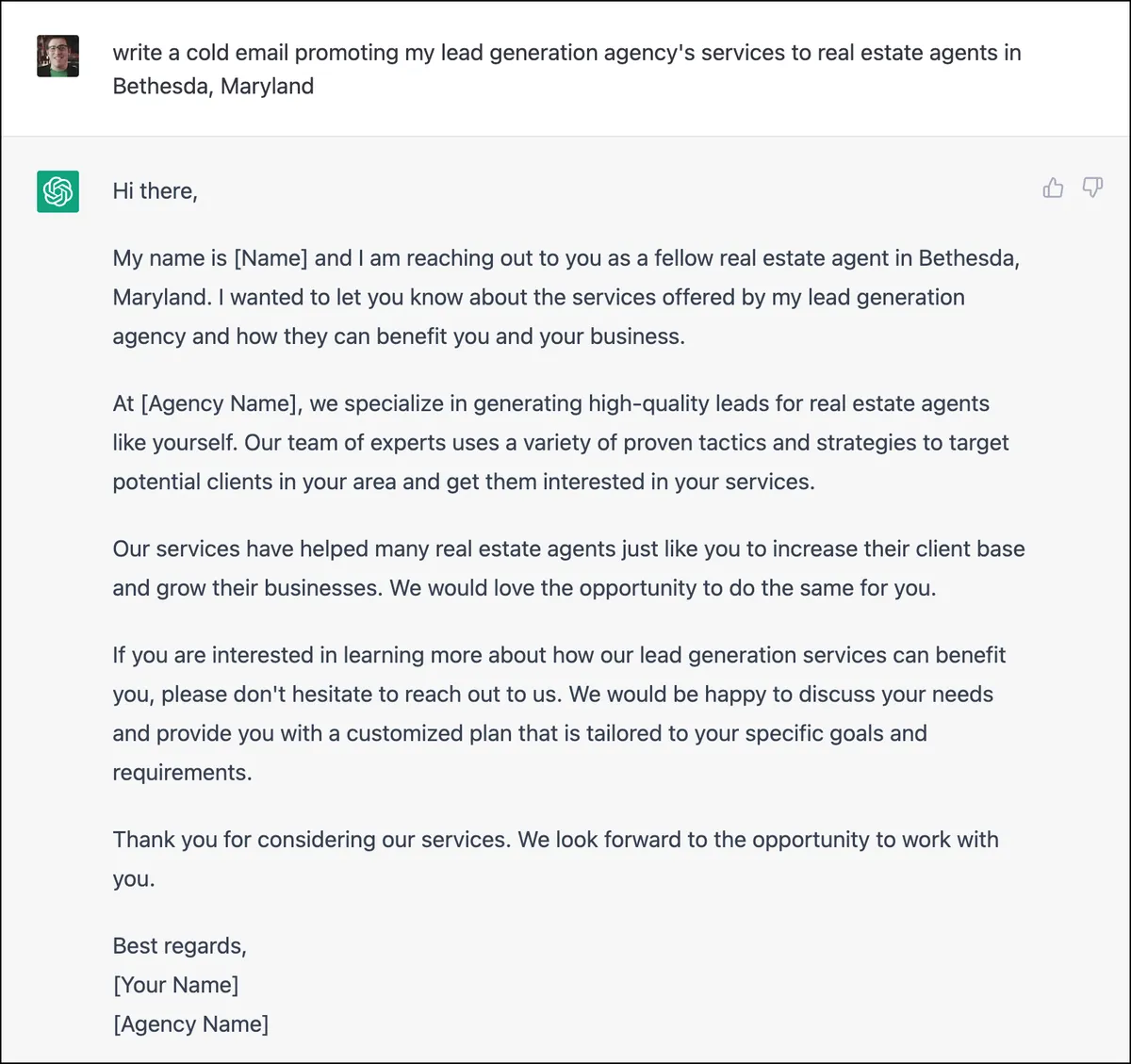 ChatGPT generates an initial email for me