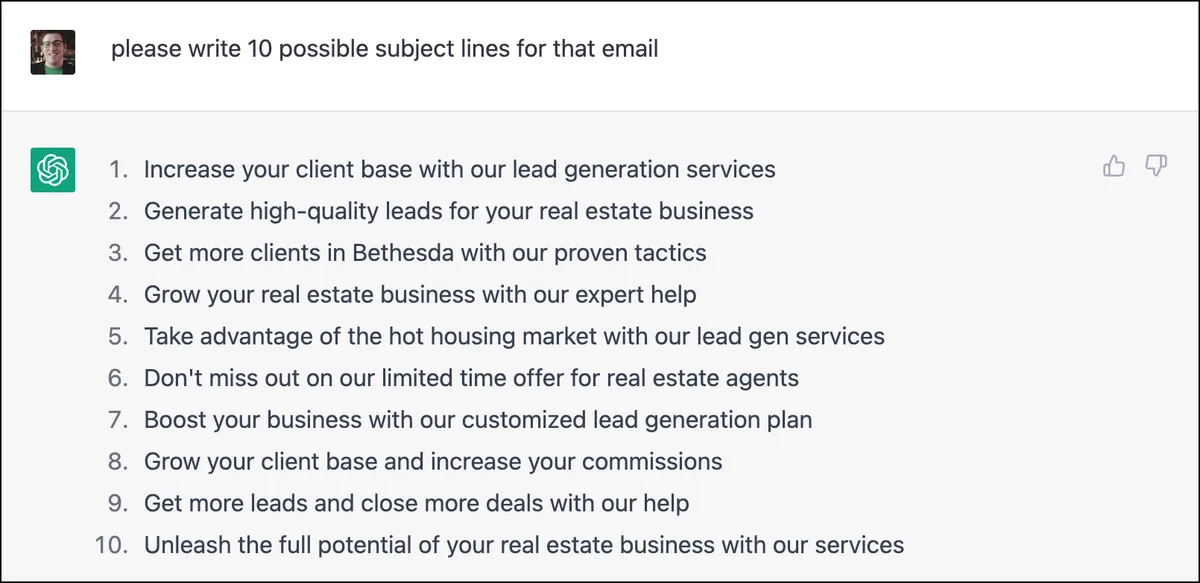 Subject lines from ChatGPT