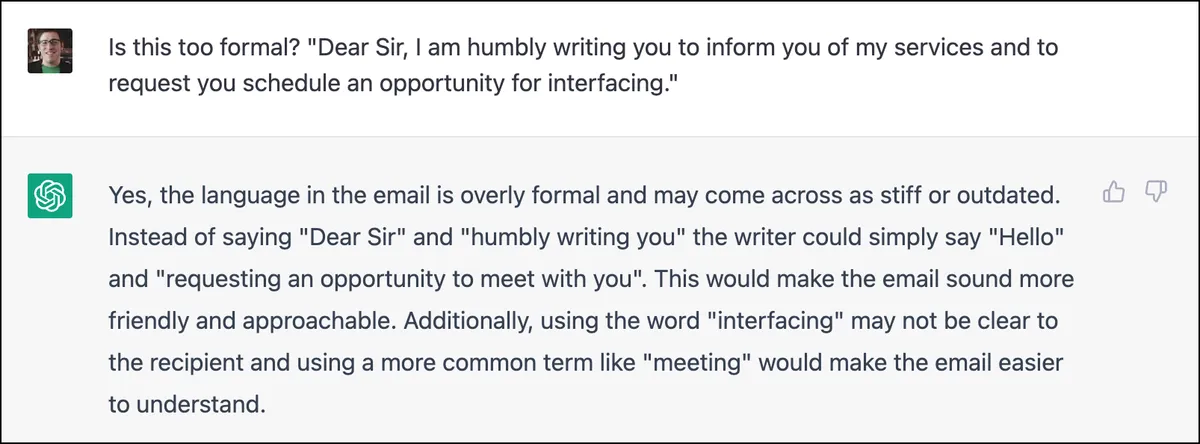 Detecting an overly formal email