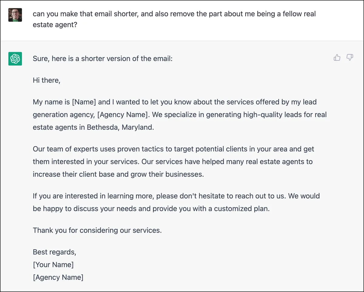A revised cold email draft from ChatGPT