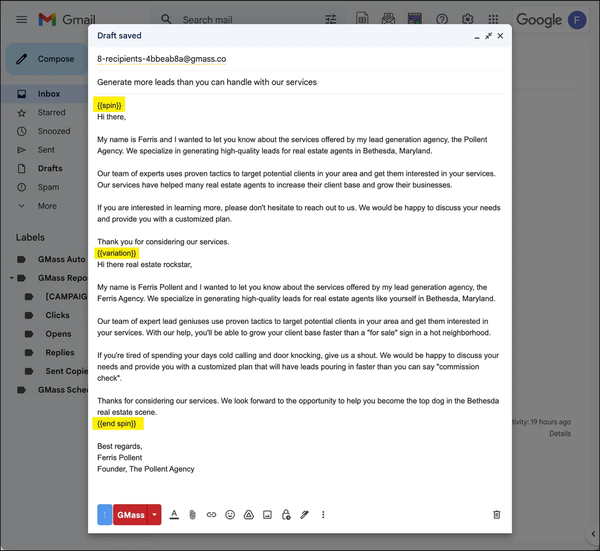 Setting up an A/B test in GMass