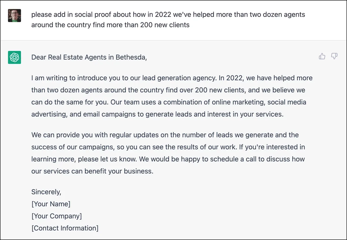 Social proof prompt to ChatGPT