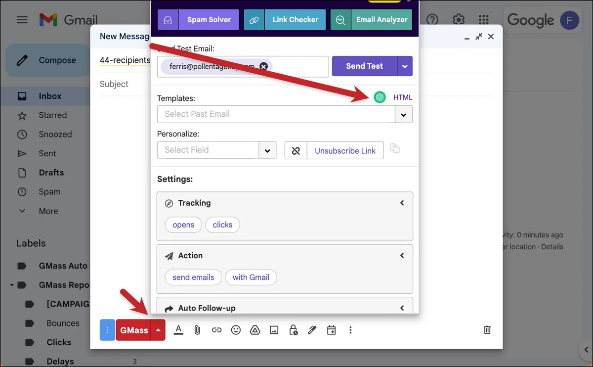 The ChatGPT button in the GMass settings