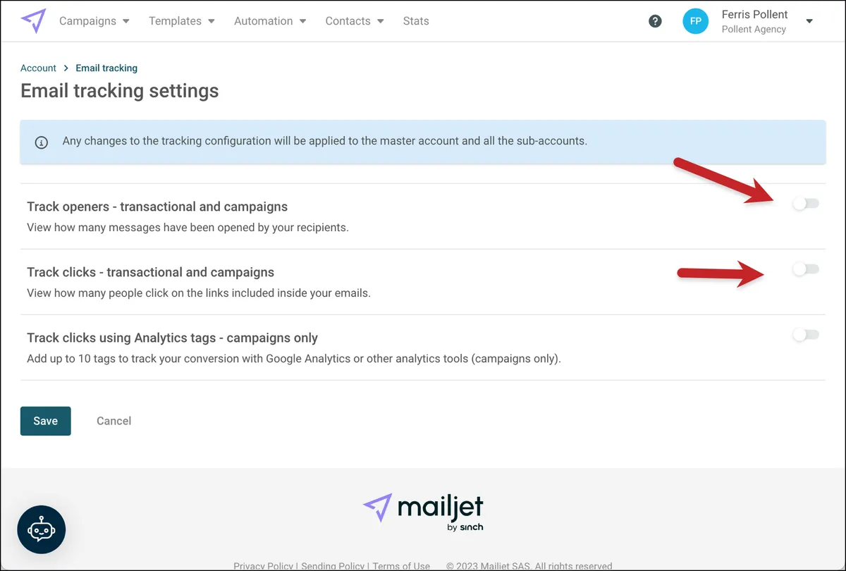 Turning off open and click tracking at an SMTP provider