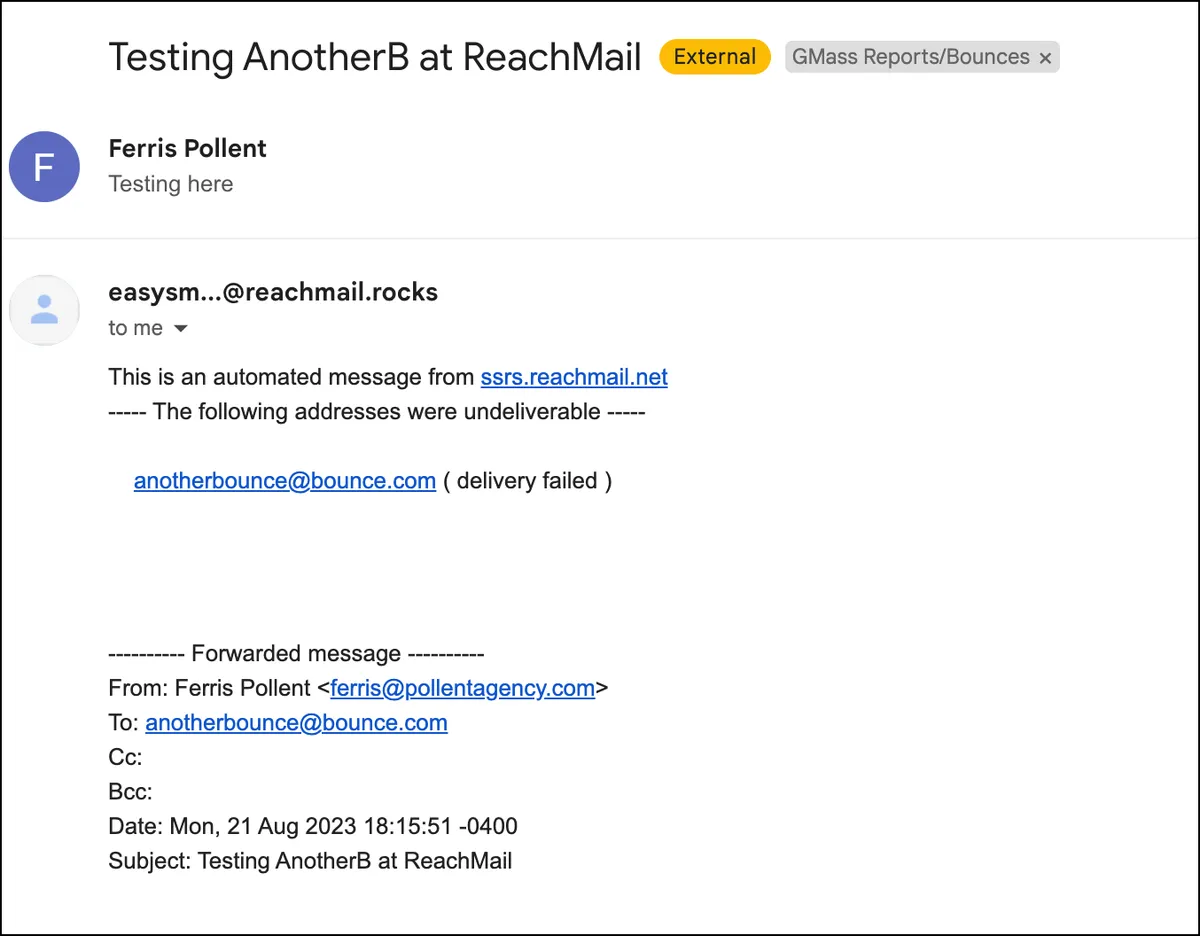 A forwarded bounce notification from ReachMail