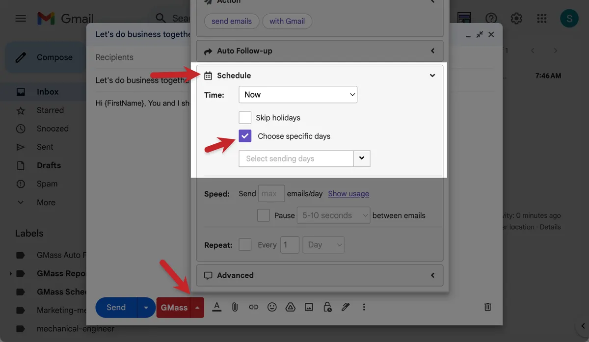 Pick Choose Specific Days in the Schedule section of the settings
