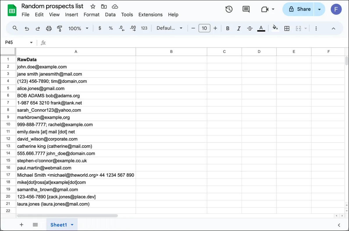Raw data of 20 jumbled email addresses