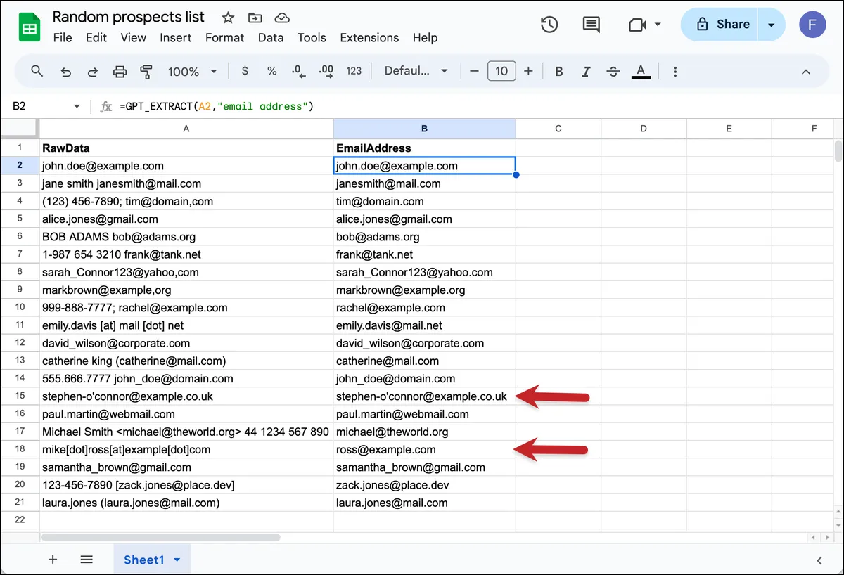 Extracted and cleaned email addresses