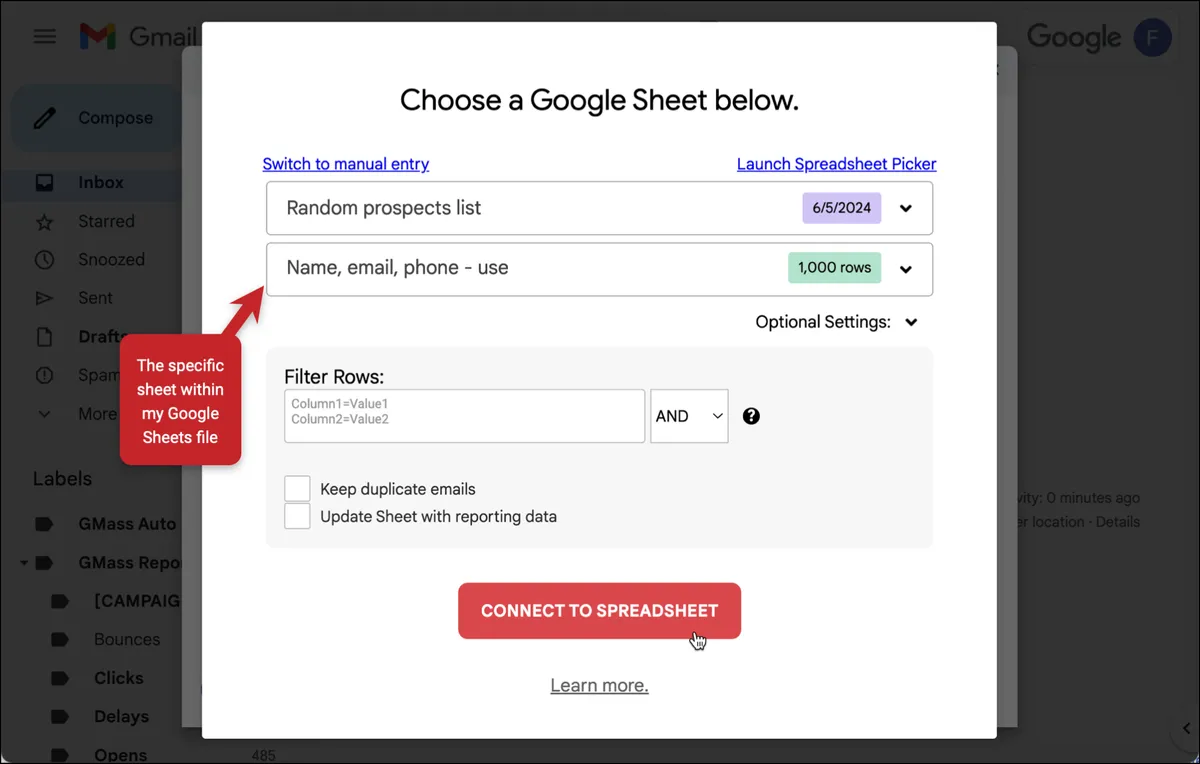 Connecting the Google Sheet of results to a GMass campaign