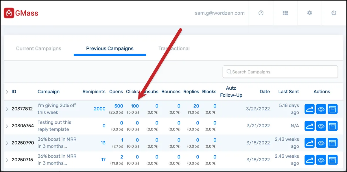 Click tracking in the GMass dashboard