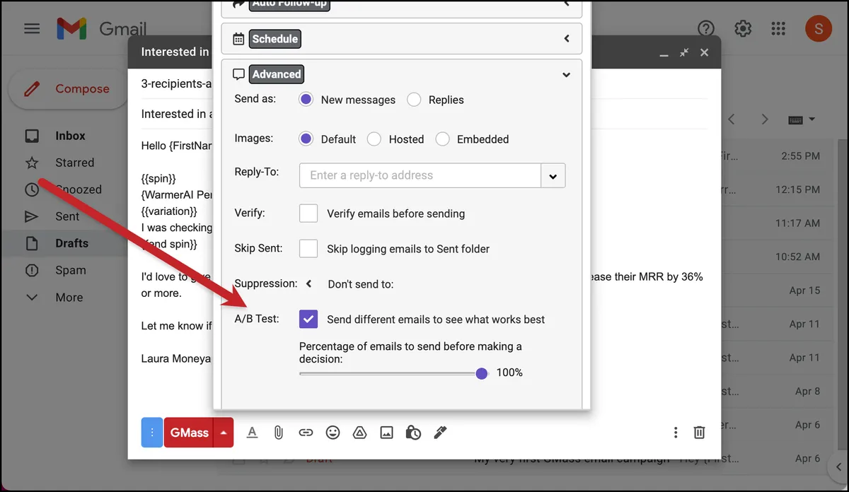 GMass A/B test settings