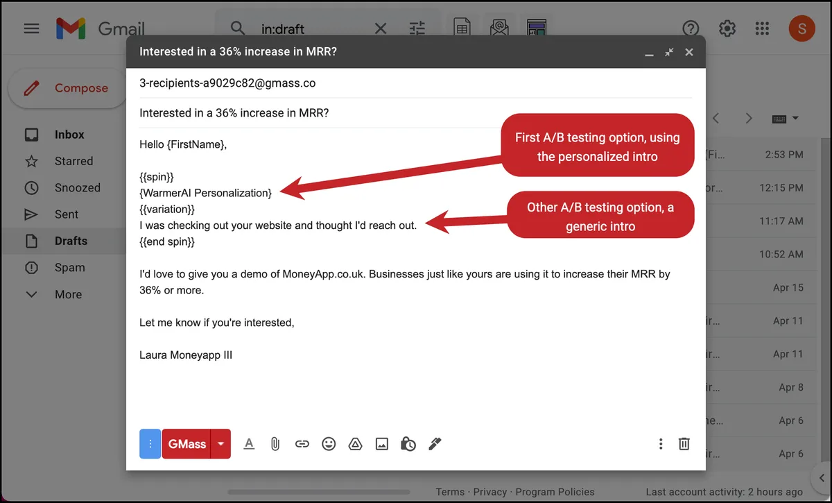 Using spintax for a cold email AI A/B test in GMass