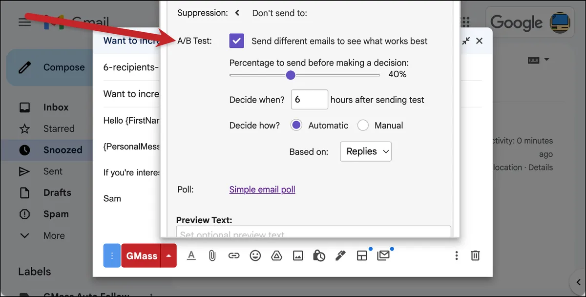A/B testing in GMass