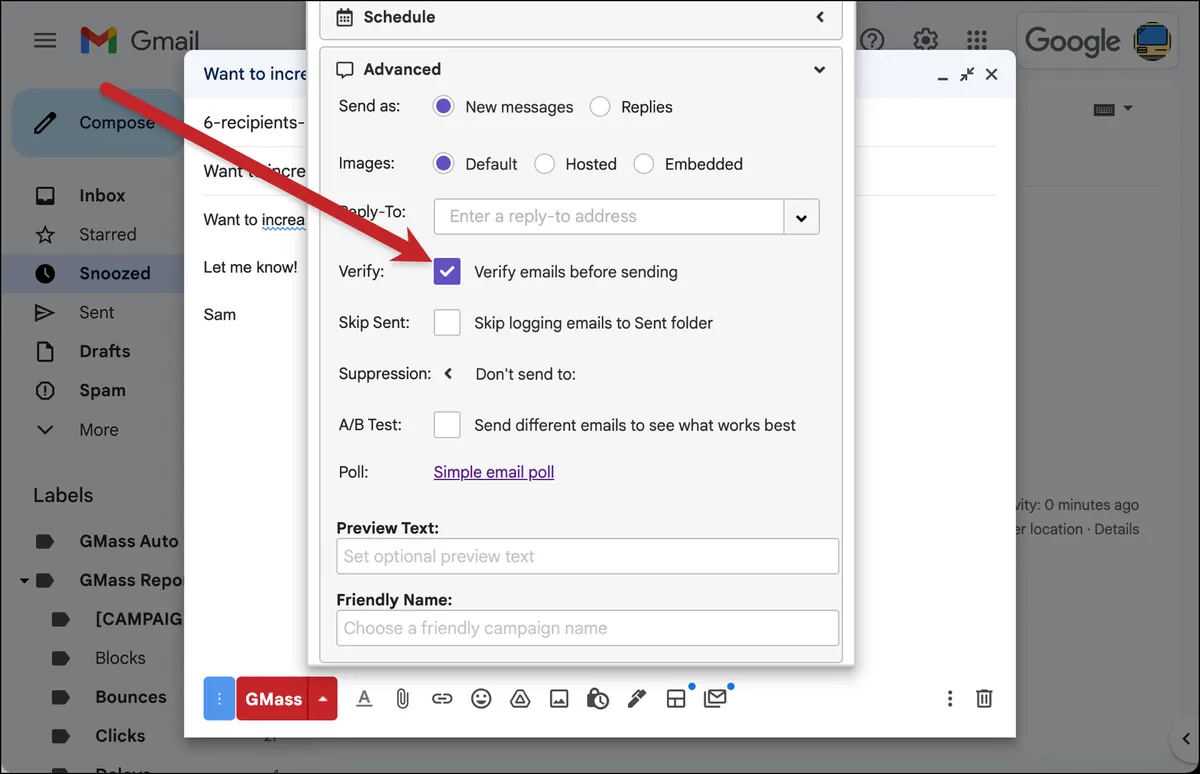 Email verification built into GMass