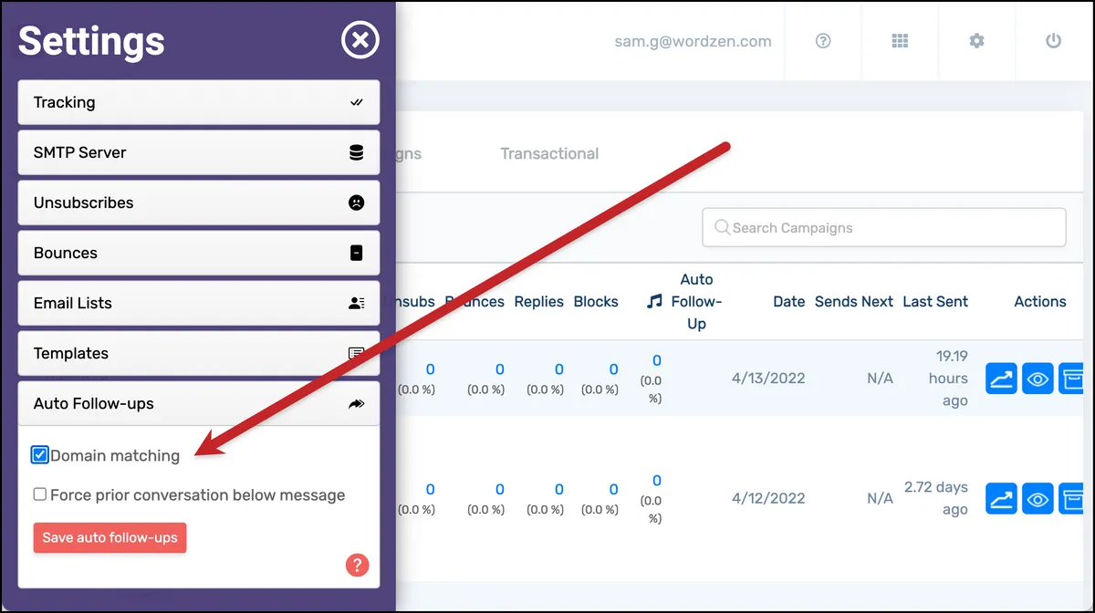 Domain matching on auto follow-ups