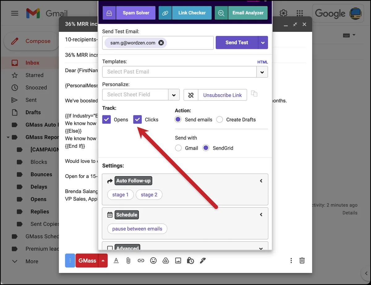 Open and click tracking controls