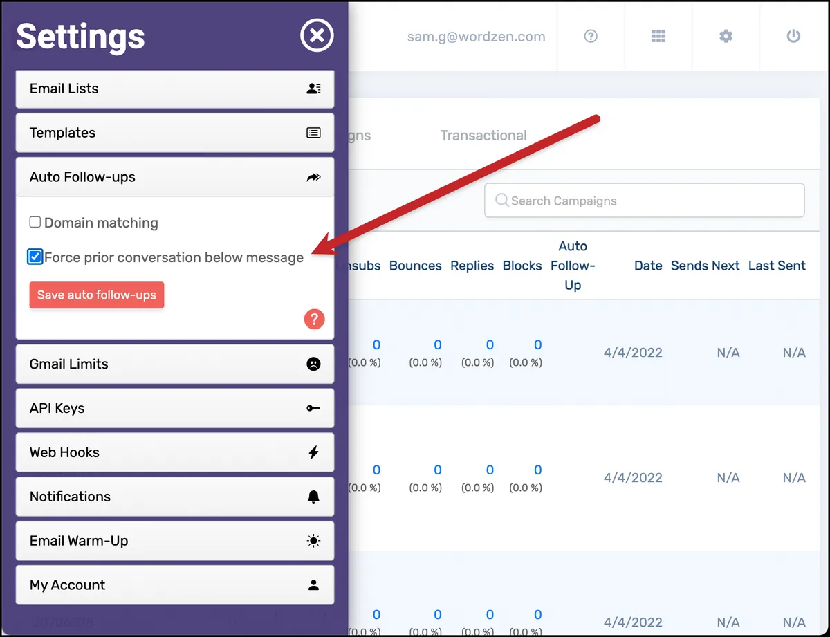 Forcing prior message history is an account-wide setting