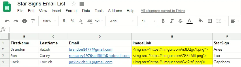 Example customer spreadsheet.