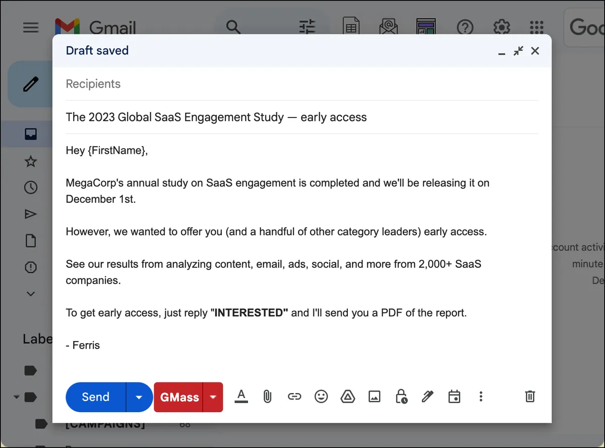 A sample email offering a report