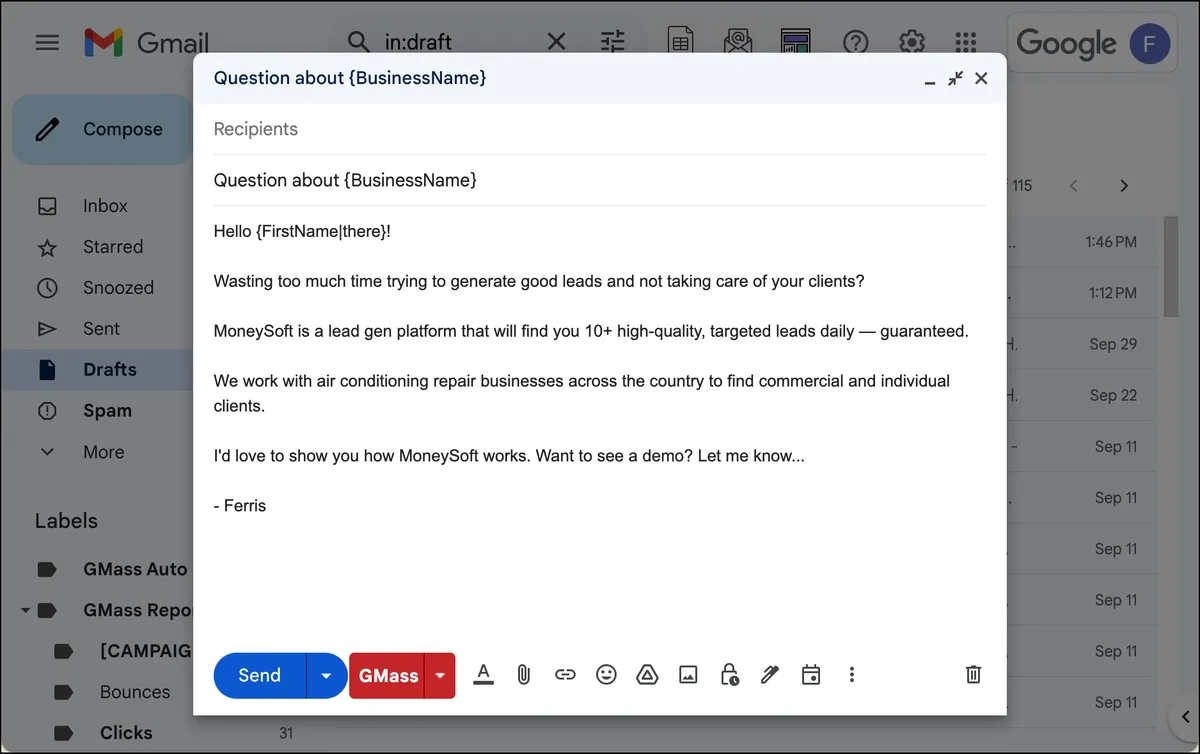 A sample cold email trying to get someone to set up a demo