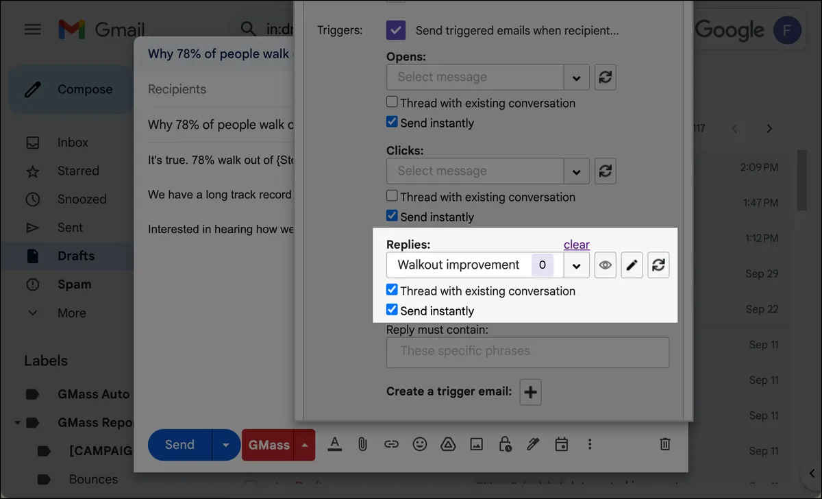 Trigger settings when someone replies to the short email